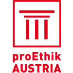 Logo der proEthik Austria: Drei tragende antike Säulen, rot, piktogramartig